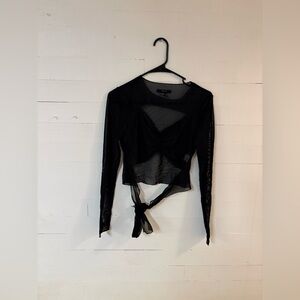 Forever 21 Black Sheer Mesh Wrap Top Long Sleeve Tie Front Size L